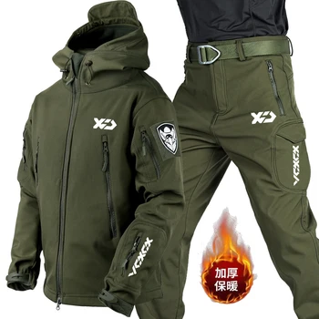 Новая осенне-зимняя рыбацкая куртка с капюшоном, водонепроницаемые брюки, комплекты на открытом воздухе, флис, теплые рыболовные костюмы, мужская ветрозащитная тактическая одежда