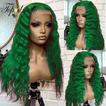Topodmido Deep Wave Зеленый цвет 13x4 Индийские парики с детскими волосами Человеческие волосы 13x6 Прозрачный кружевной передний парик для женщин