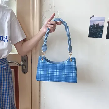 Универсальный дизайн Сумка на одно плечо Синяя клетчатая сумка для подмышек 2023 Летняя женская модная сумка-палка Романтическая французская сумка с цепочкой