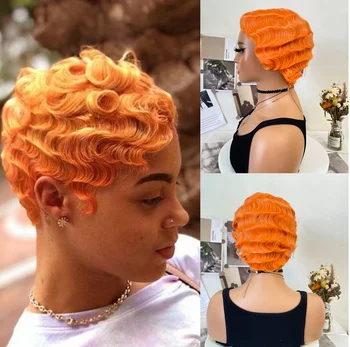 WIGERA Ярко-оранжевый парик с волной пальца Синтетический цвет Короткие кудрявые парики для женщин Nuna 1920-х годов Косплей Хэллоуин Вечеринка Ежедневное использование