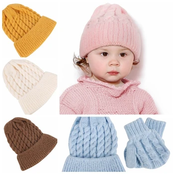 Детская вязаная шапочка набор перчаток Зимняя теплая шерстяная вязаная шапочка Однотонные варежки Beanie для малышей