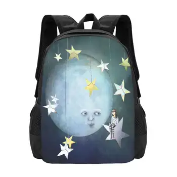 Подвешивание со звездами Школьные сумки Рюкзак для ноутбука для путешествий Звезды Ночная девушка Человек Бусины Сюрреалистический причудливый причудливый синий сборник рассказов