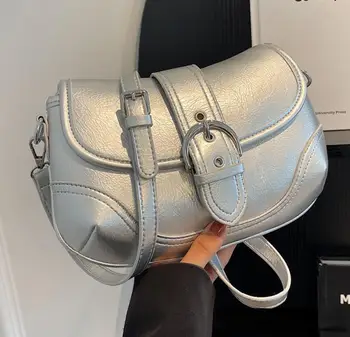 Модные серебряные сумки через плечо для женщин 2023 Spring Y2K Маленький кошелек из искусственной кожи Роскошный бренд Женские сумки под мышками