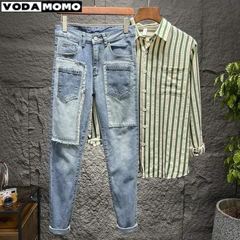 Ретро джинсы мужские узкий крой маленькие ноги высокие уличные трендовые нашивки с несколькими карманами матовая модная мужская одежда y2k fall guys