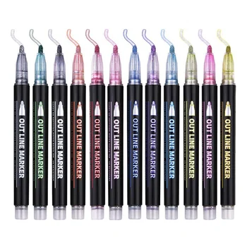 Двойная линия Контурные ручки 12 цветов Контур Металлические маркеры Блестящие контурные ручки Ручки для рисования DIY Художественные ремесла