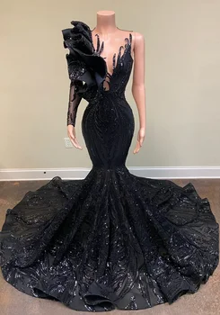 блестящие черные пайетки вечерние платья русалка одиночный с длинными рукавами женщины формальные длинные выпускные платья ночная вечеринка макси-халат Y2K