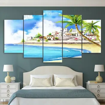 Тропический прибрежный пляжный курорт Живопись 5 панелей на холсте Настенное искусство Домашний декор HD Печать Плакат Нет Рамка 5 Кусок Картины