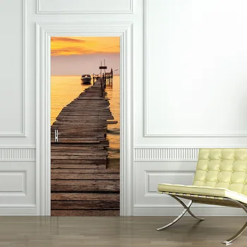 Seaside Sunset Wharf Наклейки для украшения дверей Самоклеящиеся DIY Дерево Стальная дверь Ремонт Обои Водонепроницаемая дверь Фотообои Новый