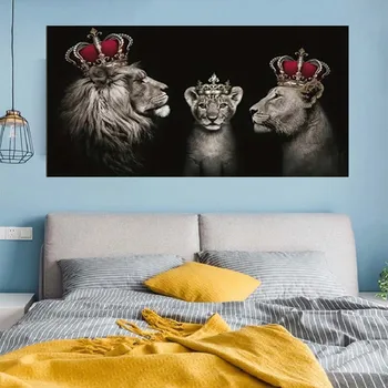  Король Лев и Королева Венчает настенную картину, Картина на холсте семьи животных, Украшение гостиной, Декор дома, Без рамы