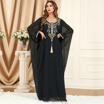 Черная вышивка Абайя на 2024 год Мусульманские женщины Свободное платье с рукавом летучей мыши Турция Ид Рамадан Кафтан Ислам Халат Джалабия Одежда