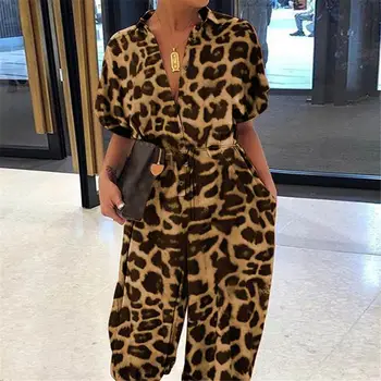 2023 Летний леопардовый комбинезон Женщины Сексуальная уличная одежда Плюс размер 5XL Леопард Шаровары Рубашка Версия Свободный комбинезон