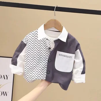  Детская рубашка Сращивание Весенние и осенние топы для мальчиков с длинными рукавами Корейская маленькая детская блузка с длинными рукавами Новинка 2023