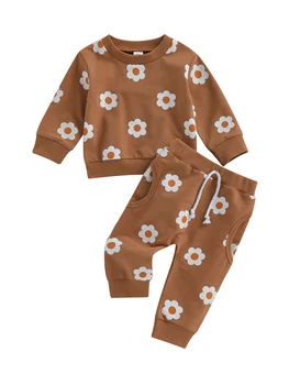 Зимний наряд для девочки Комплект из 2 предметов Уютный цветочный спортивный костюм с длинным рукавом и толстовкой с круглым вырезом и спортивные штаны