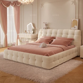 Слоеная кровать из зефира, простая двуспальная кровать из овечьей шерсти, главная спальня, кремово-белая двуспальная кровать