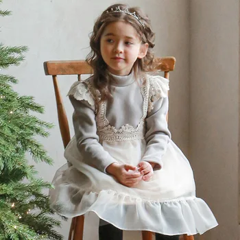 Детская одежда для девочек Зимнее платье 2023 Корейский стиль Элегантный утолщенный принцесса Повседневный простой сладкий милый теплый платье