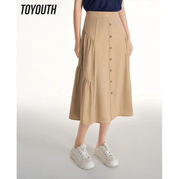 Toyouth Женская юбка 2023 Летняя A-образная талия сзади эластичная свободная однобортная мода элегантная юбка средней длины цвета хаки