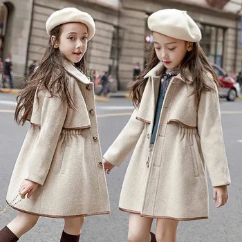 Пальто для девочек Шерстяное пальто для девочек Большие дети 2023 Осень и зима Плюс хлопок утолщенный корейский стиль Иностранный стиль Зимнее пальто для девочек