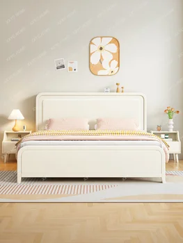 Буковая кровать Современная минималистичная главная спальня Современный минималистичный кремовый стиль Двуспальная кровать из массива дерева