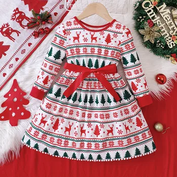 Детские рождественские платья для девочек 3-7 летПлатье с принтом Red Deers с поясом 2023 Новогодний костюм для детей Рождественская одежда