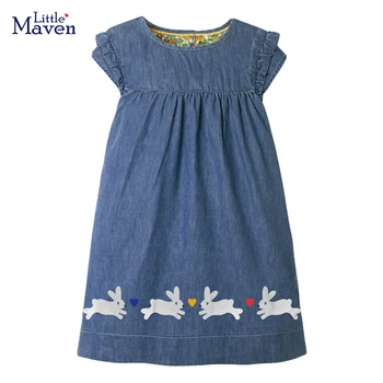 Little maven Baby Girls Летнее джинсовое платье Прекрасное животное Кролик Аппликации Детская повседневная одежда Vestidos для детей