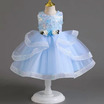Платье принцессы без рукавов с пайетками для девочек 0-4 года Ребенок 3D Цветок Жемчуг Торт Платье День Рождения Хозяин Вечернее Платье High End