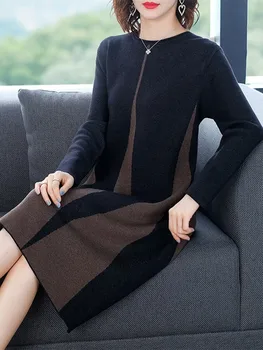 Осень-зима Корейское длинное шерстяное платье для женской одежды Среднее старое старое трикотажное платье с круглым вырезом JP669