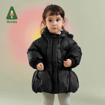 Amila Baby Girl Пуховик 2023 Зима Новый Многоцветный Флисинг с капюшоном Симпатичный Теплый Малыш Пух Зимнее Пальто Детская одежда