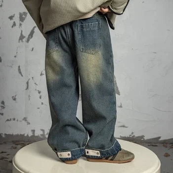 Детские американские кашемировые джинсы в стиле ретро 2023 осень и зима Новые модные флисовые теплые детские повседневные простые брюки