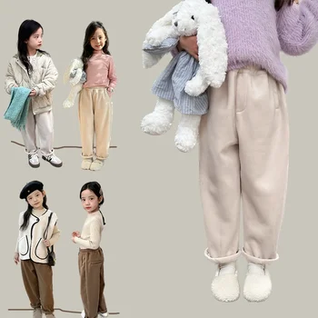 корейские повседневные утолщенные однотонные брюки для мальчиков и девочек 2023 зимние детские плюшевые шерстяные брюки 