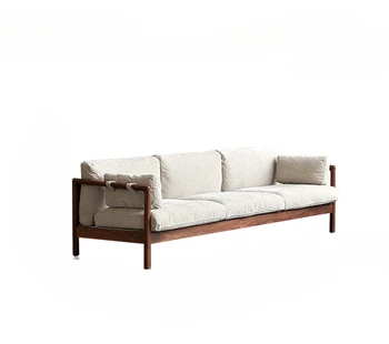 Черный диван из массива дерева скандинавской ткани, гостиная, небольшая мебель, бревенчатый стиль, трехместное сиденье