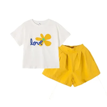  Новый набор одежды для девочек Лето Цветочница Девушка Футболка с коротким рукавом + брюки 2 шт. Для подростков Одежда Детей Наряд Для 3 ДО 14