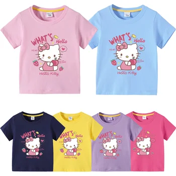 2023 Летние детские футболки Футболка Cartoon Hello Kitty Toddler Girl Kawaii Футболка с коротким рукавом Хлопковые футболки 90-150см
