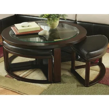 Roundhill Furniture Круглый журнальный столик Cylina из массива дерева со стеклянной столешницей с 4 табуретами, журнальные столики для эспрессо