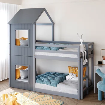Кровать для детского домика 90*200 см двухъярусная кровать-кровать, от пола до потолка, с лестницей и балдахином Просто и красиво (серый)