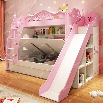Двухъярусная кровать Девушка Принцесса Замок Высокий Низкий Розовый Универсальная лестница Место для хранения Мультяшная спальня Мебель Деревянная кровать
