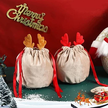 1 шт. Рождественский подарочный мешок с оленями и оленями Бархатные мешки Санта-Клауса Сумка на шнурке Рождественские украшения Детский подарок на новогоднюю вечеринку