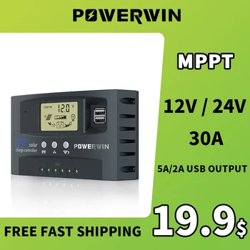POWERWIN MT01 MPPT 30A Солнечный контроллер 12 В 24 В Автоматическая солнечная батарея Зарядное устройство Регулятор Двойной USB-дисплей ЖК-дисплей для батареи Lifepo4