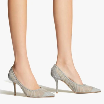 2023 Роскошные женские металлические серебристые блестящие тканевые туфли Слоновая кость Тюль Шпилька Каблуки Свадебная обувь Девушки Высокие каблуки Валентин Обувь