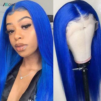 Синий кружевной передний парик прямые парики из человеческих волос Бесклеевой 13x4 HD кружевной фронтальный парик для женщин бразильский цветной кружевной парик с закрытием