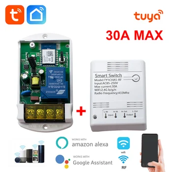 Tuya 30A 4000W WIFI Switch RF 433 Control 110V 220V Receiver Relay Модуль управления двигателем Tuya Smart Life APP Alexa