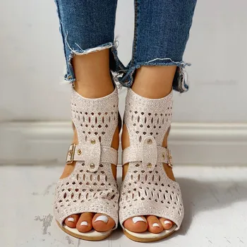 Сандалии Женщины Плетеные Геометрические Танкетки Сандалии Винтажная обувь На открытом воздухе Полые сандалии Полые женские эластичные туфли на платформе
