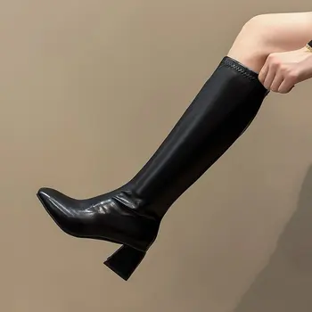 Зимние коренастые каблуки Женщины Длинные сапоги Модные молнии Толстый низ Обувь на платформе Дамы Элегантные сапоги до колена Botas De Mujer