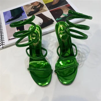 2023 Новый металлический босоножки с зеркальной поверхностью Сандалии с ремешком Летние сексуальные женские банкетные туфли на шпильке Высокий каблук Большой размер 42 43 44 45 46
