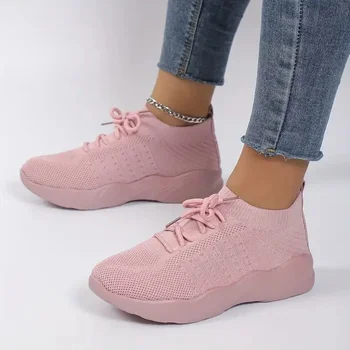 2024 горячие женские трикотажные кроссовки для отдыха, дышащая повседневная обувь на платформе на шнуровке, женская спортивная обувь с низким верхом