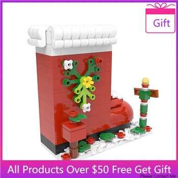 MOC DIY идея Рождественские сапоги Блоки Санта-Клаус Дарение подарков Мини строительные блоки Развивающие кубики Игрушки для рождественского подарка