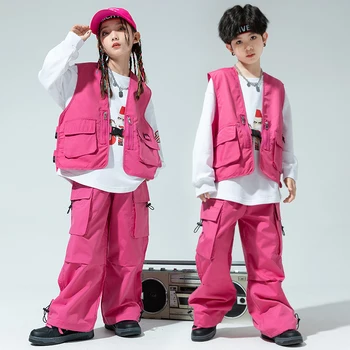 Детские Kpop наряды Хип-хоп одежда Розовый жилет Топ Повседневные брюки-карго Уличные танцы для девочек Мальчики Джаз Танец Костюм Комплект одежды