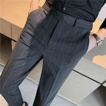 Классические полосатые осень / зима толстые узкие мужские костюмные брюки корейские облегающие мужские бизнес-офисные брюки мужские повседневные костюмные брюки