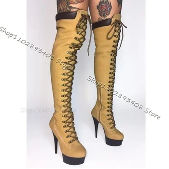 Желтый Ботинки на платформе на шнуровке Круглый носок Боковая молния Шпилька Высокие каблуки Женская обувь Стильные женские сапоги Zapatos Para Mujere