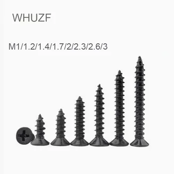 WHUZF 500Pcs M1.4 M1.7 M2 M2.3 M2.6 M3 M4 Углеродистая сталь Black Cross с потайной головкой Винты для нарезания резьбы по дереву