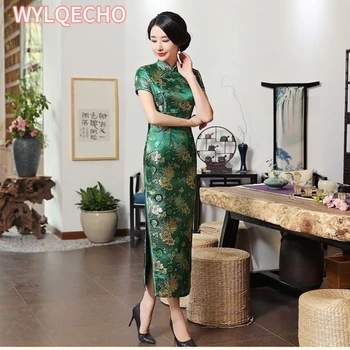 2023 Новая высокая мода Зеленая вискоза Cheongsam Китайское классическое женское платье Qipao Элегантное длинное платье с коротким рукавом S-3XL